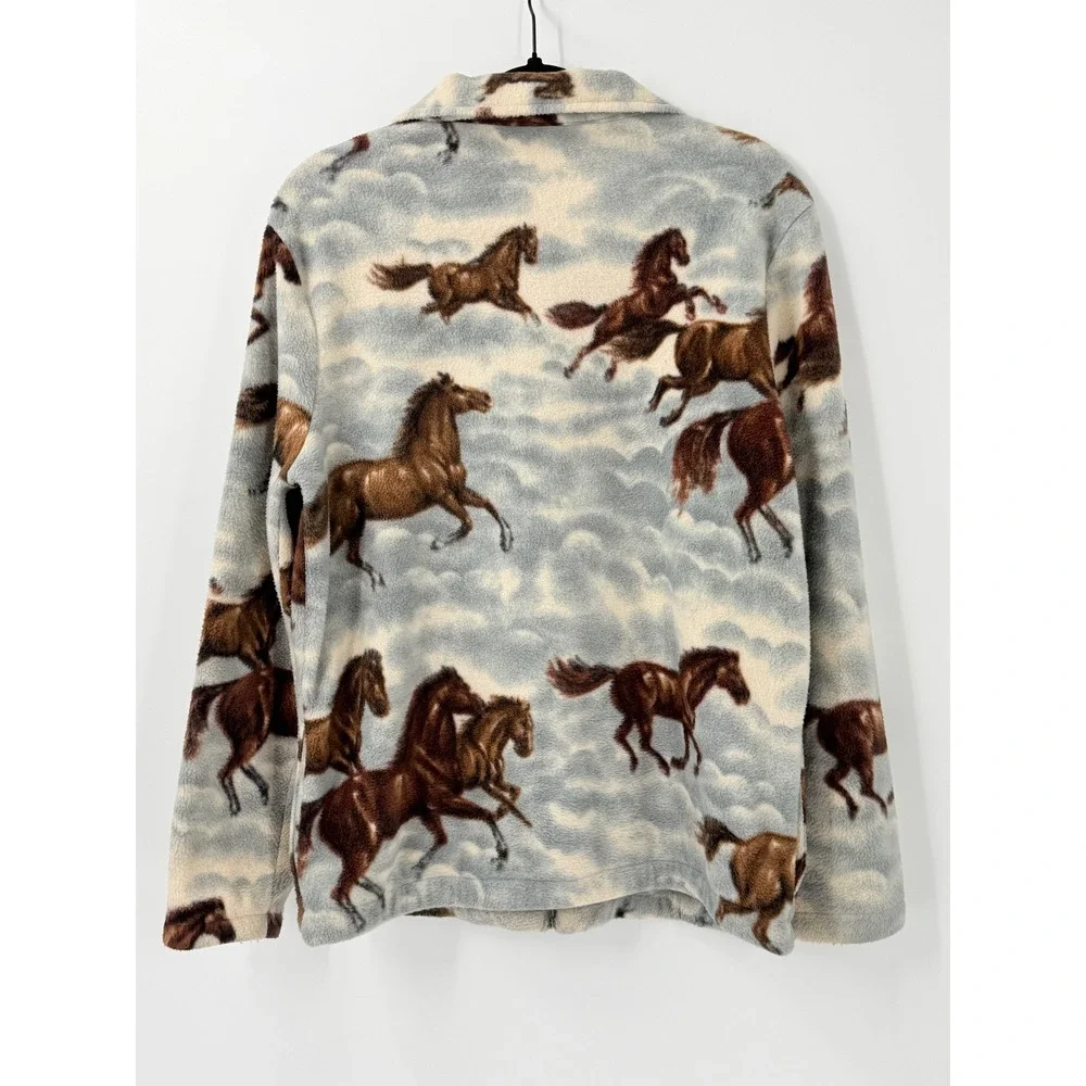 Vtg 90s Wild Horses Fleece Jacket Womens sz M Horse Full Zip outdoors cabin core
